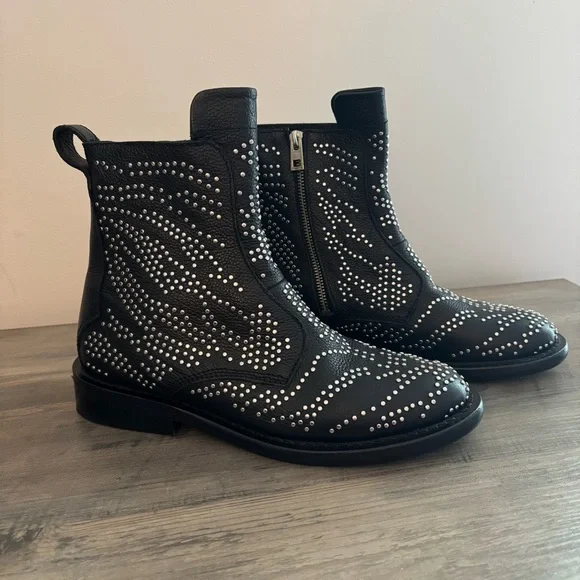 Zadig & Voltaire Womens Boots Laureen Studded Pebbled Leather Italian‎ Size 39